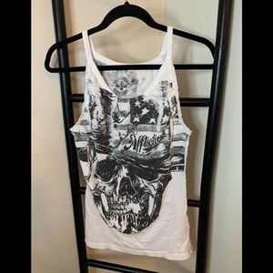 Affliction White with Black skull appliqué tank